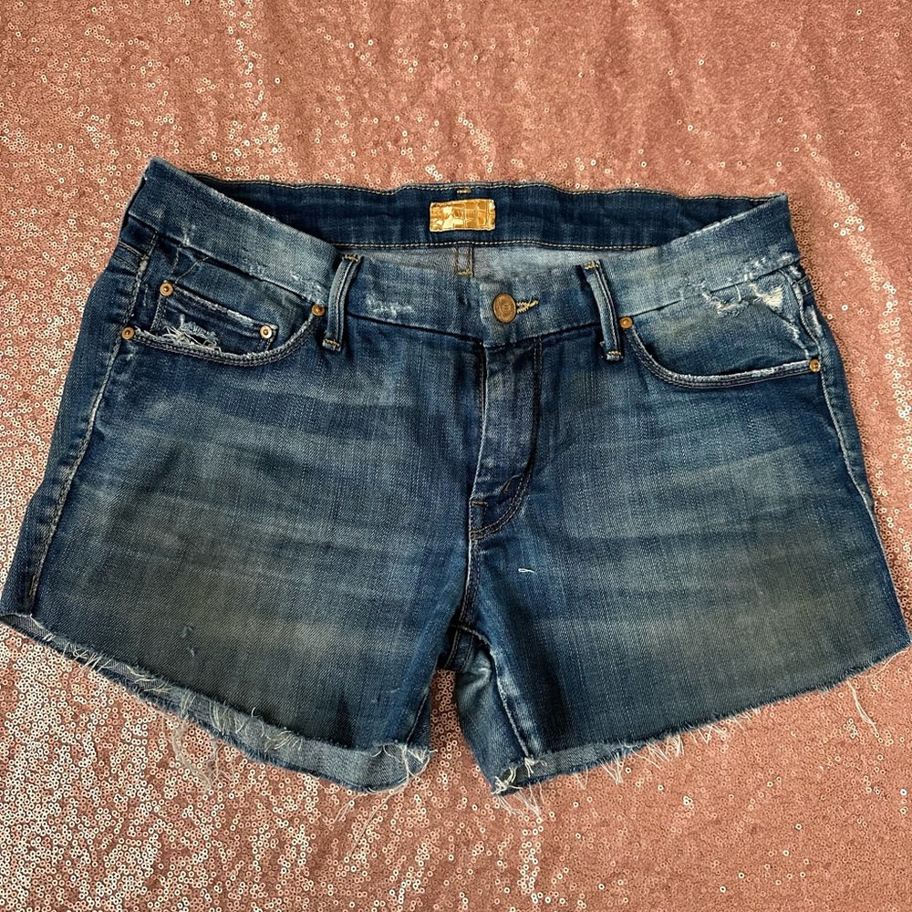 Mother Shorts Women’s Size 29 Blue Denim Graffiti Girl Fray Short Pockets